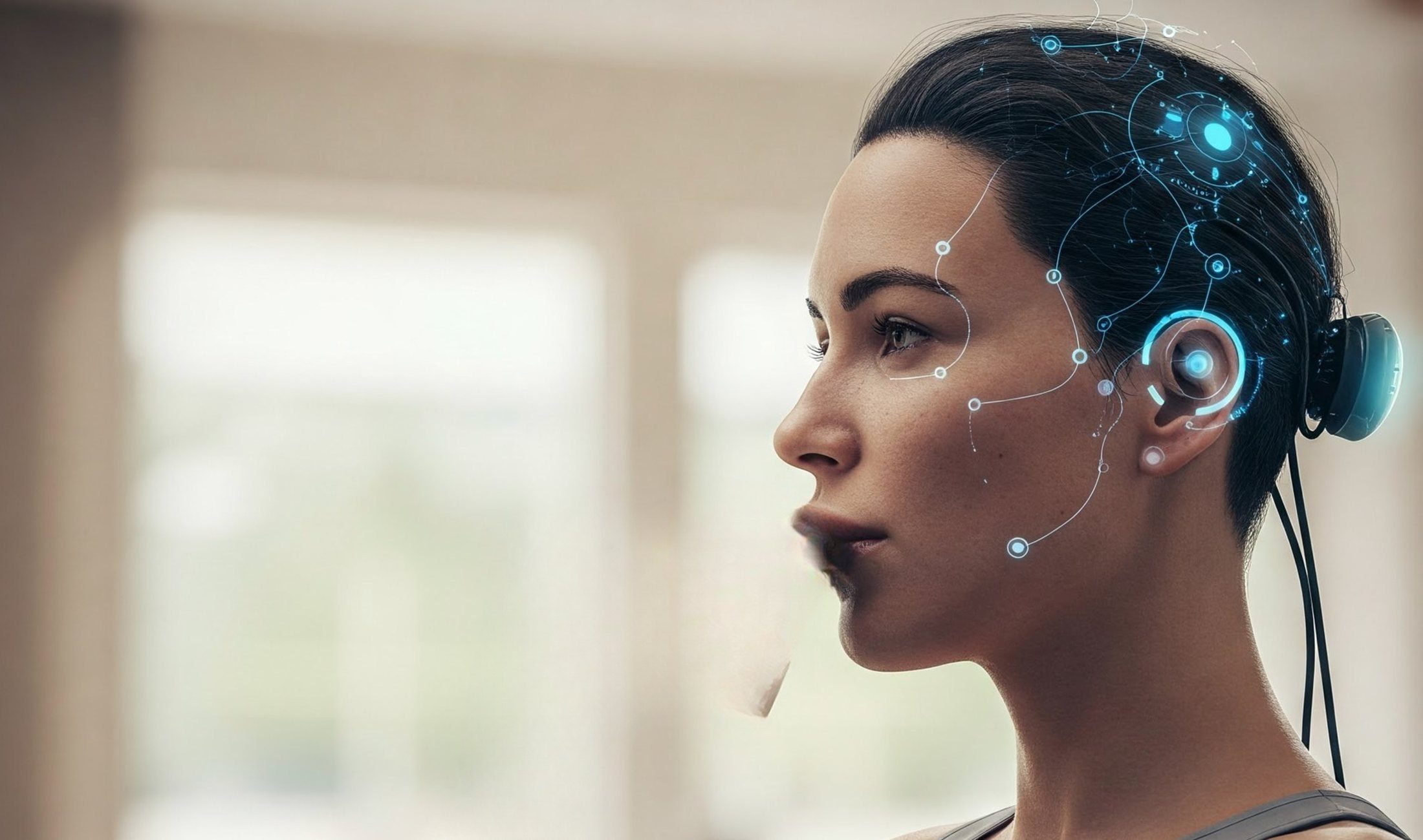 A woman with a robotic prosthetic hand lifts a coffee cup to her lips.