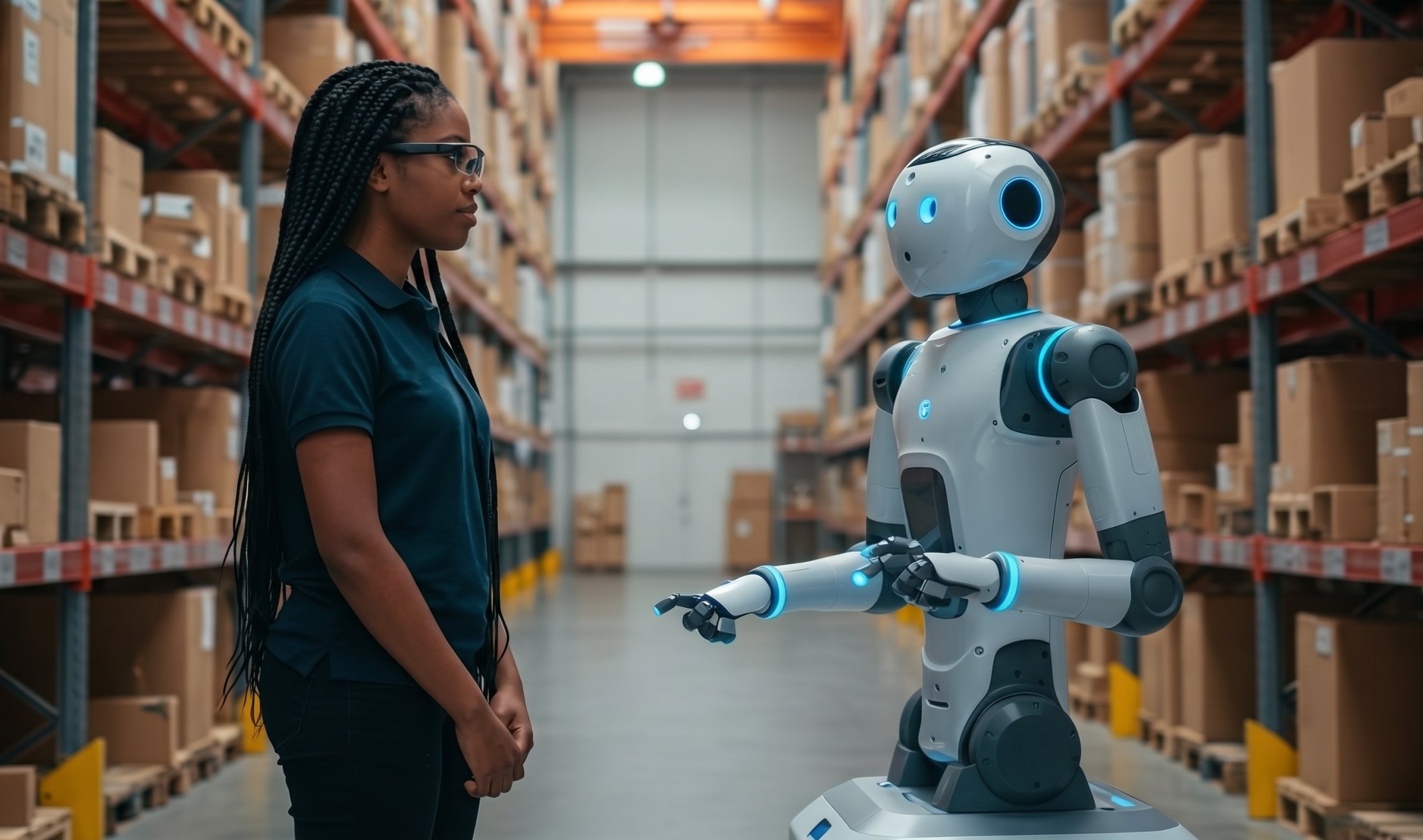 In a warehouse aisle, a worker in AR glasses looks at a shelf bay. A task list appears between her and a humanoid robot; she confirms once, and the robot works through every step.