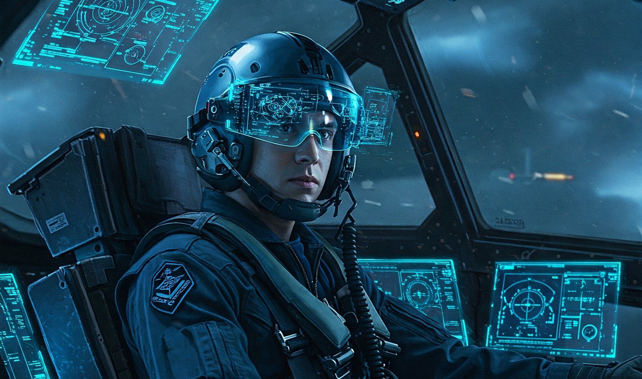A pilot in a cockpit glances at a checklist item on his visor display; it highlights, he confirms once, and the instrument panels update.